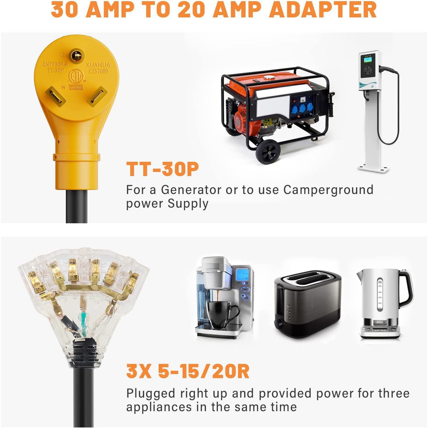 TT-30P to 3X 5-20R Household Outlet for RV Generators with Lighted End