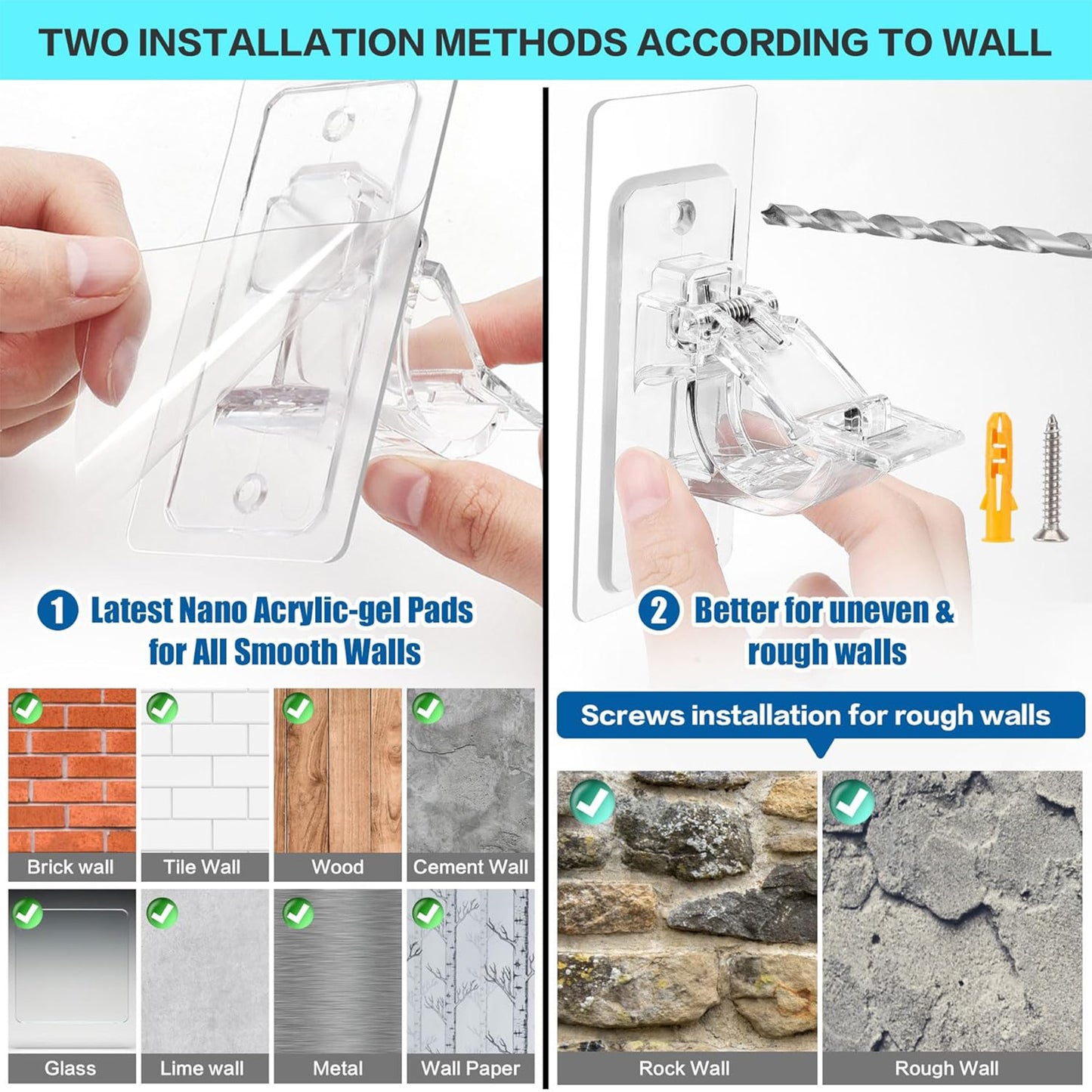 4 Pack No Drill Curtain Rod Brackets for 0.5''–1.2'' Rods, Bathroom, Bedroom & Living Room