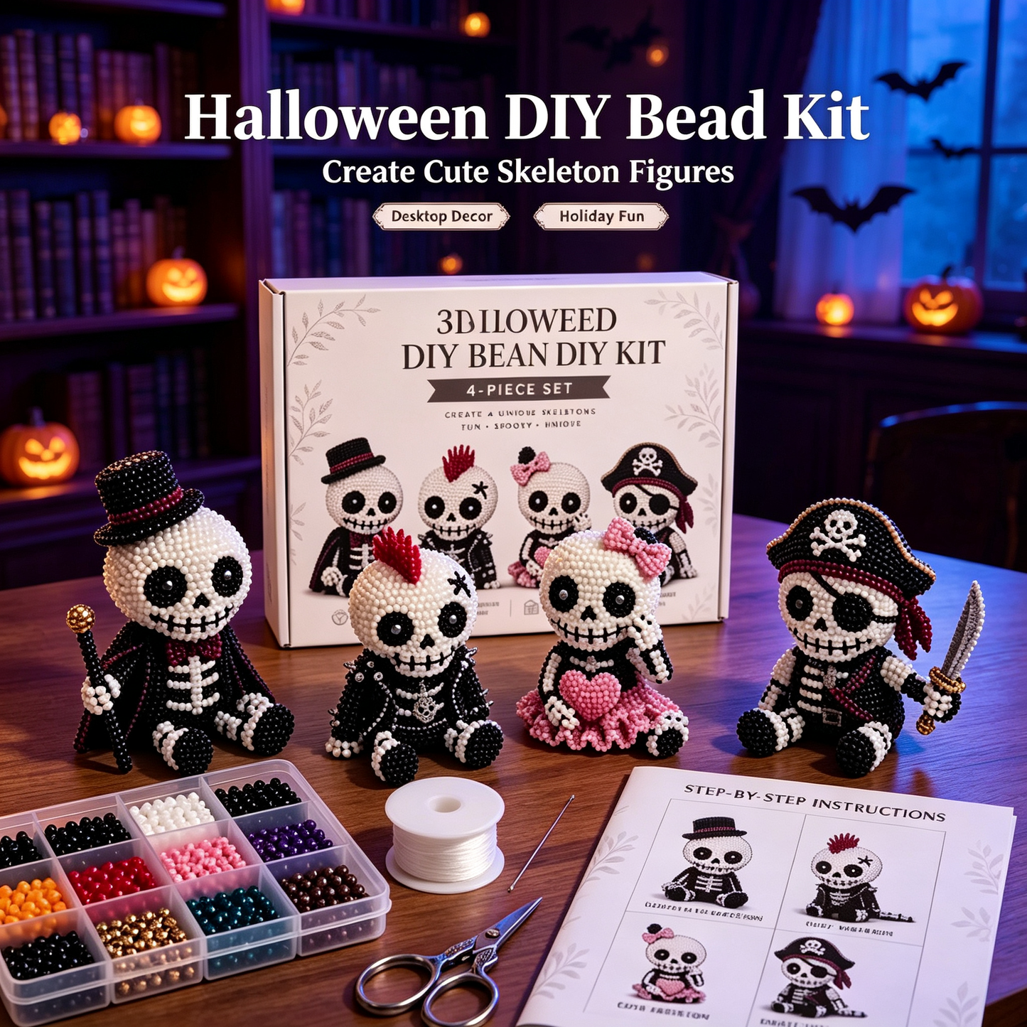 3D Beaded Skeleton DIY Kit for Adults Beginners, Halloween Decor Gift