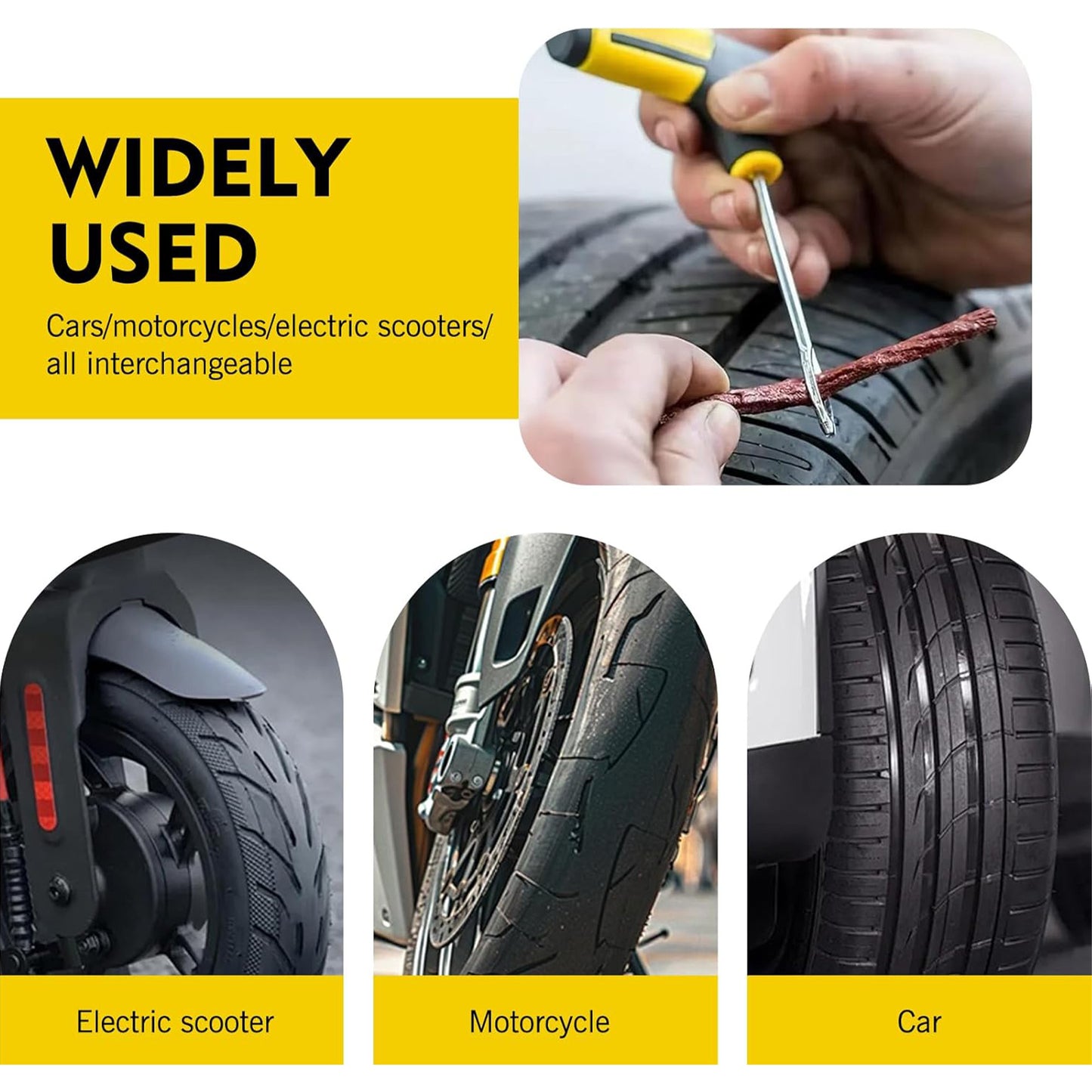 Heavy-Duty Tire Repair Kit – Flat Tire Plug Tool with 2 T-Handles & 10 Rubber Strings for Cars, Motorcycles, ATV & UTV