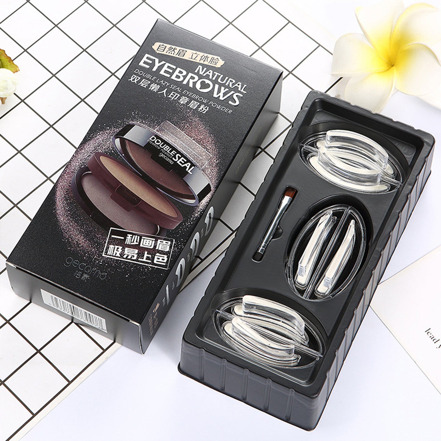 Double Seal 2 Shades Eyebrow Stamp Powder Kit with 3 Reusable Eyebrow Stencils