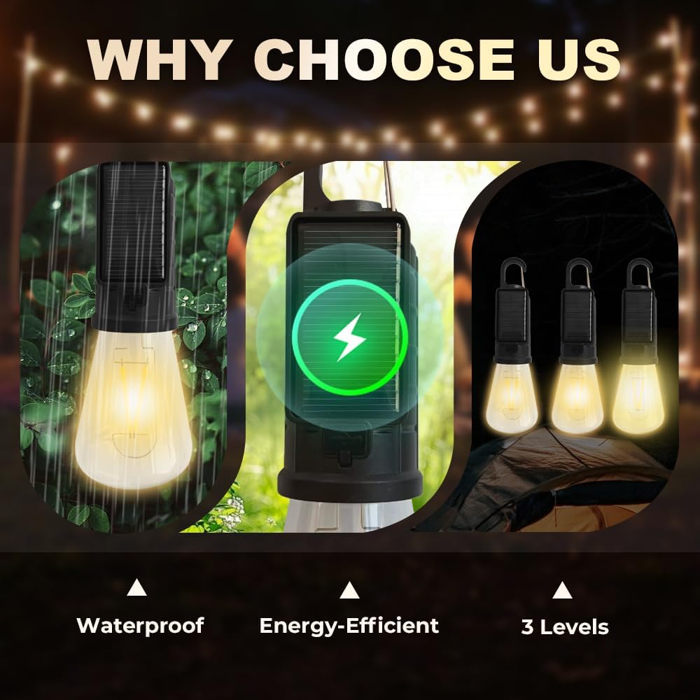 2 Pcs Solar Rechargeable Camping Lights – LED Hanging Tent Lights with Hook Clip for Hiking, Fishing & Outdoor Use