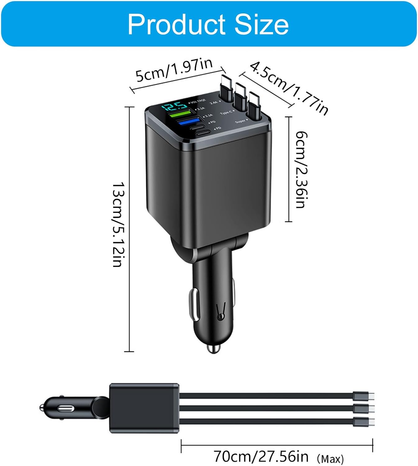 108W 6 in 1 Super Fast Car Phone Charger with 3 Cords 31.5INCH, USB C Car Charger Adapter