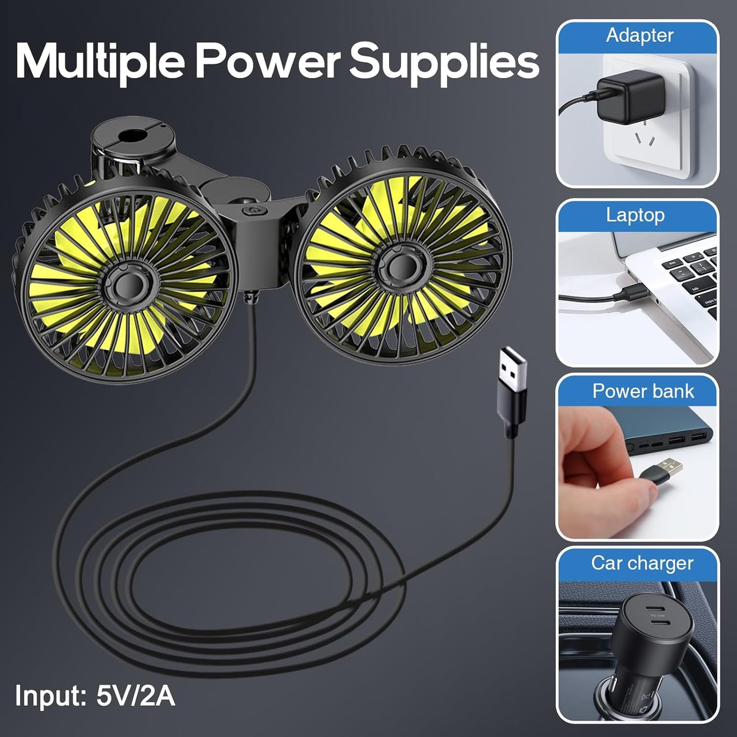 Dual Head USB Car Seat Fans 360° Rotatable Strong Wind