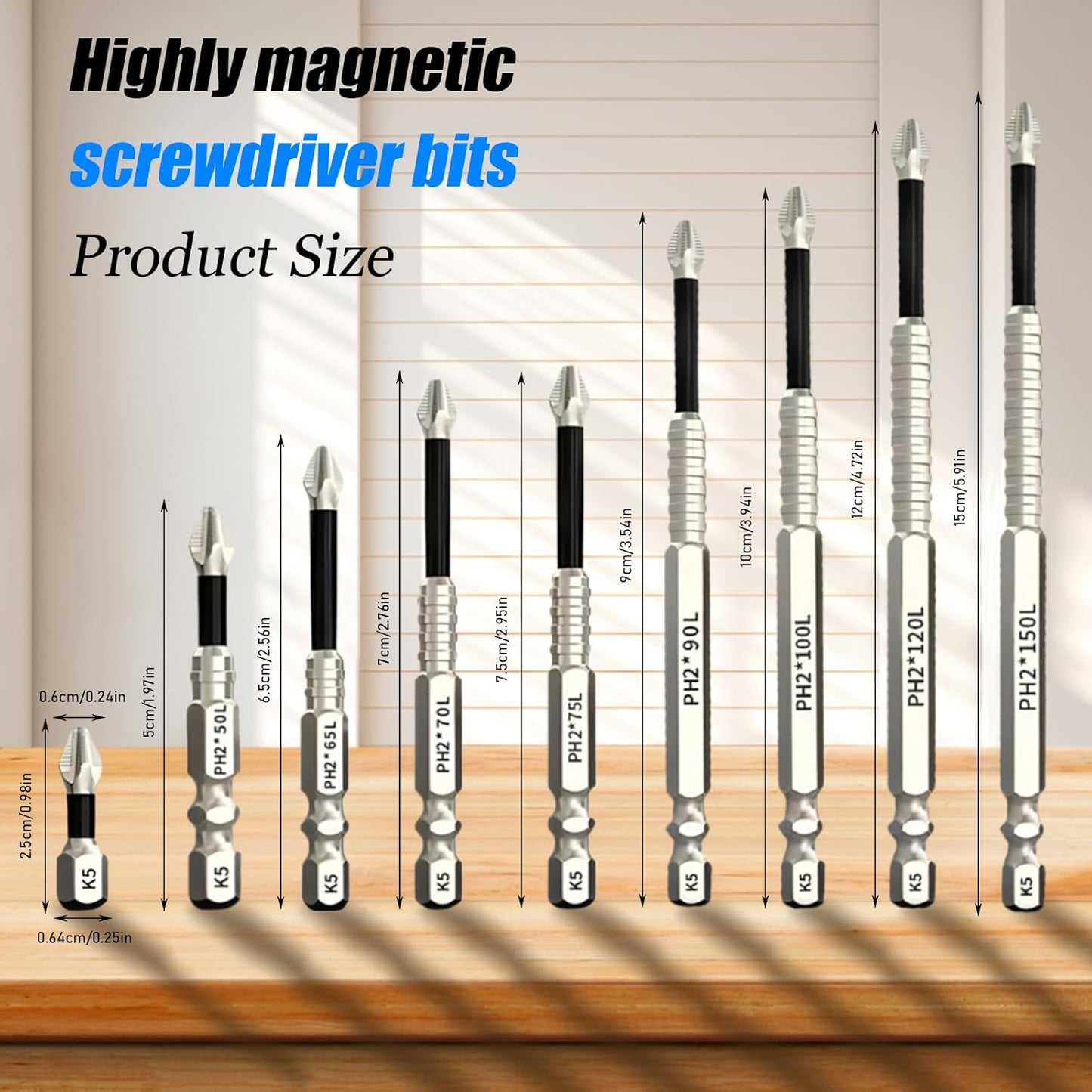 High Magnetic Screwdriver Drill Bit Set, 25 50 65 70 75 90 100 120 150mm (9Pcs)