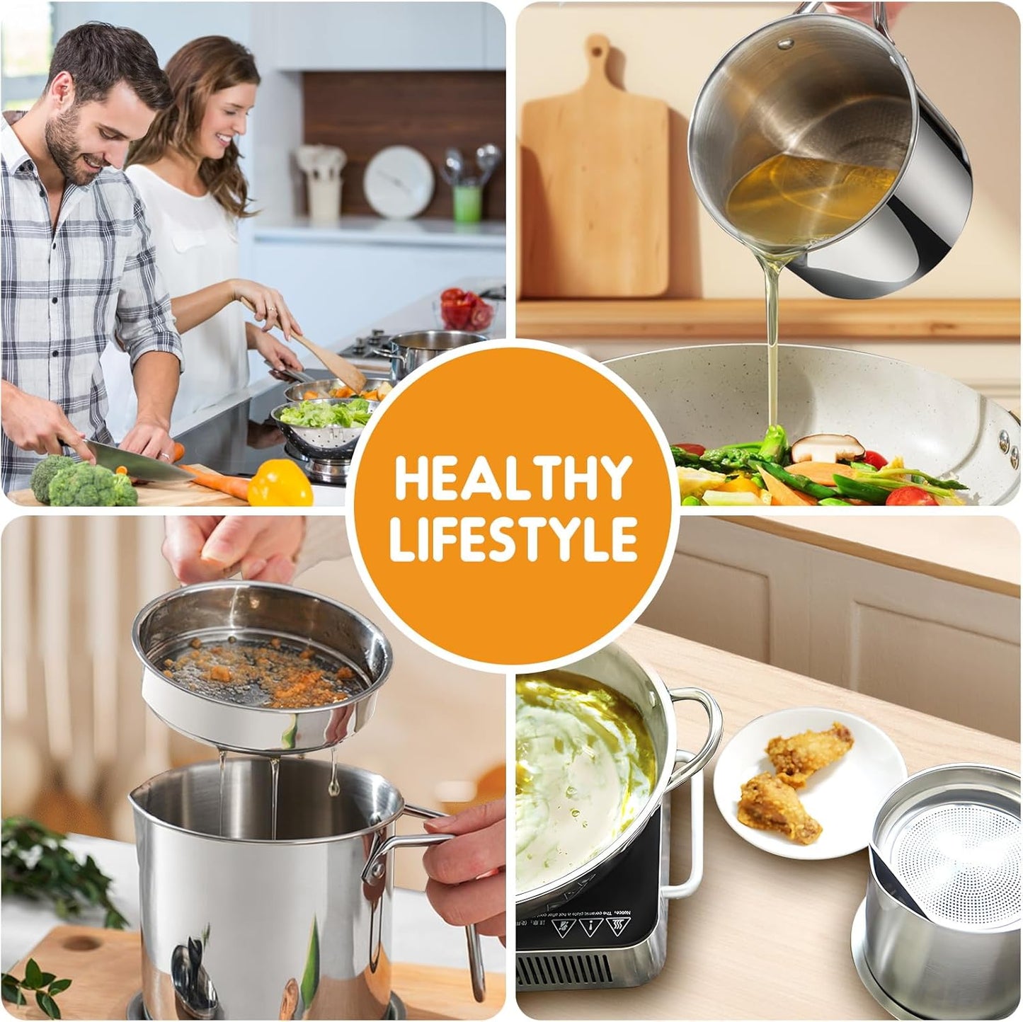 Grease Container With Strainer, Cooking Oil Keeper with Lid and Easy-Grip Handle