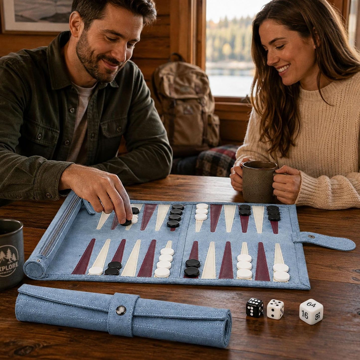 Travel Backgammon Set, Roll-Up Leather Board Game