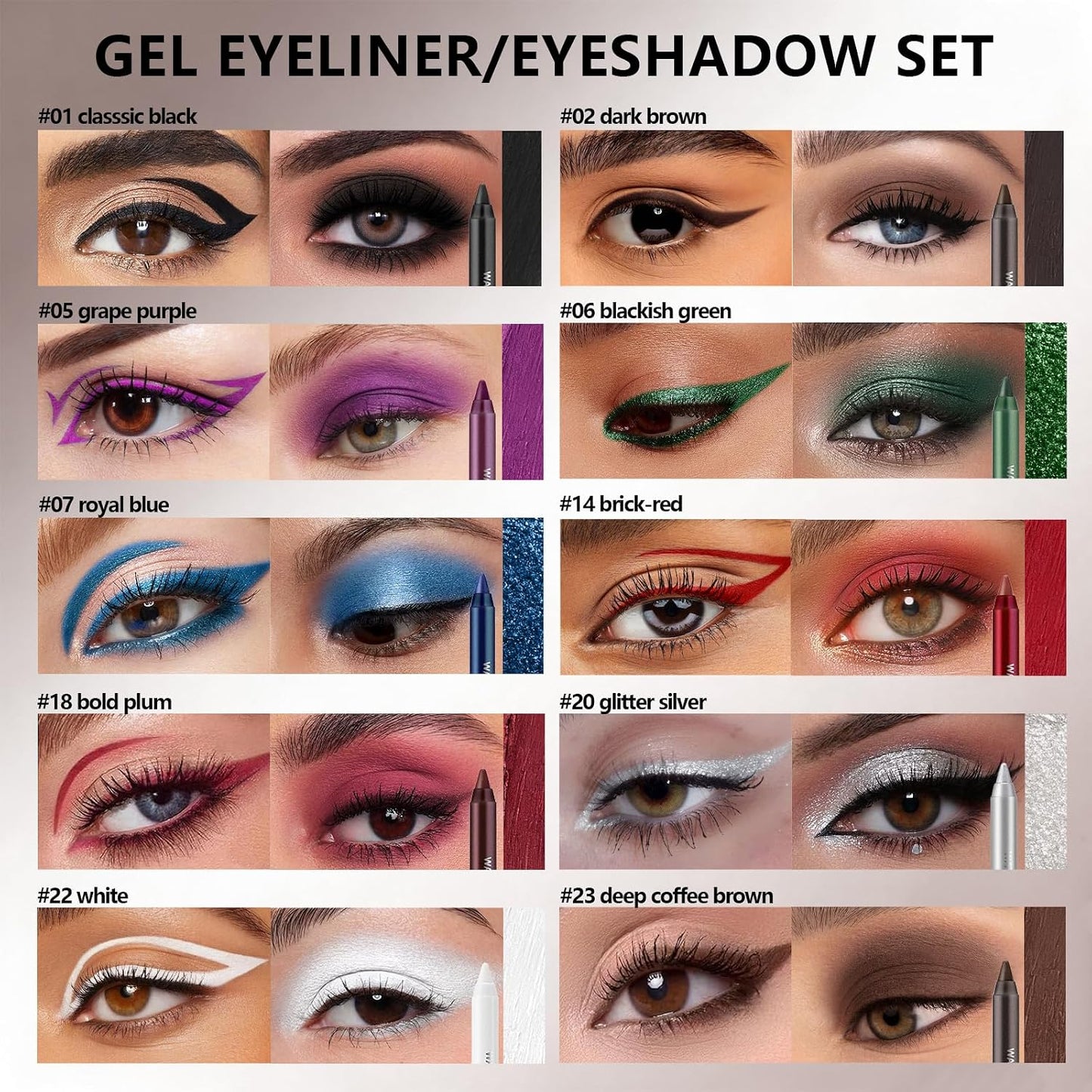 10pcs Colored Gel Eyeliner Pencil Set with Sharpener Smudge Proof Makeup