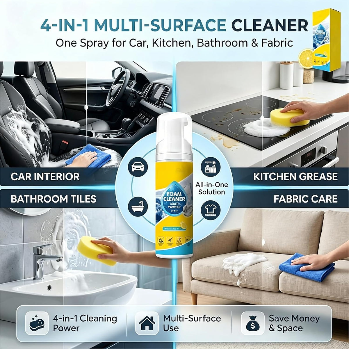 4-in-1 Foam Spray Cleaner Set with Sponge and Towel