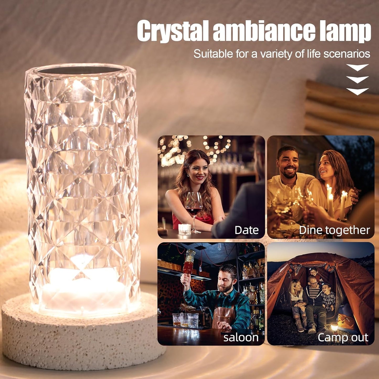 Portable Crystal Table Lamp,3 Color Touch Control Rechargeable Lamp