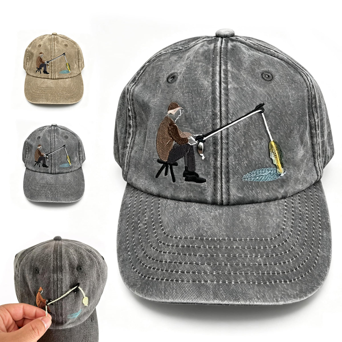 Embroidered Fisherman Hat with Pull-Up Glass Fish