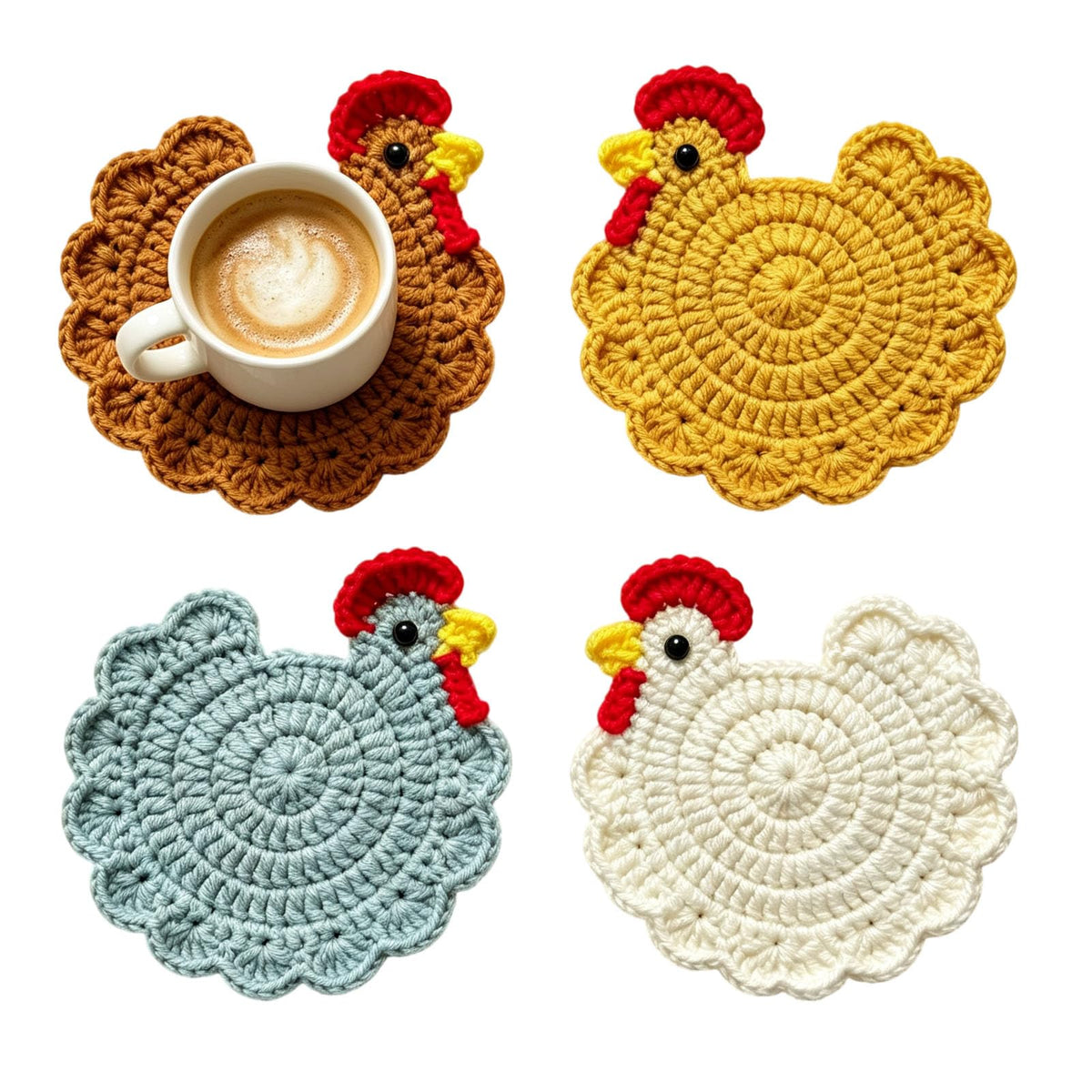 Hand-crocheted hen-themed yarn coaster