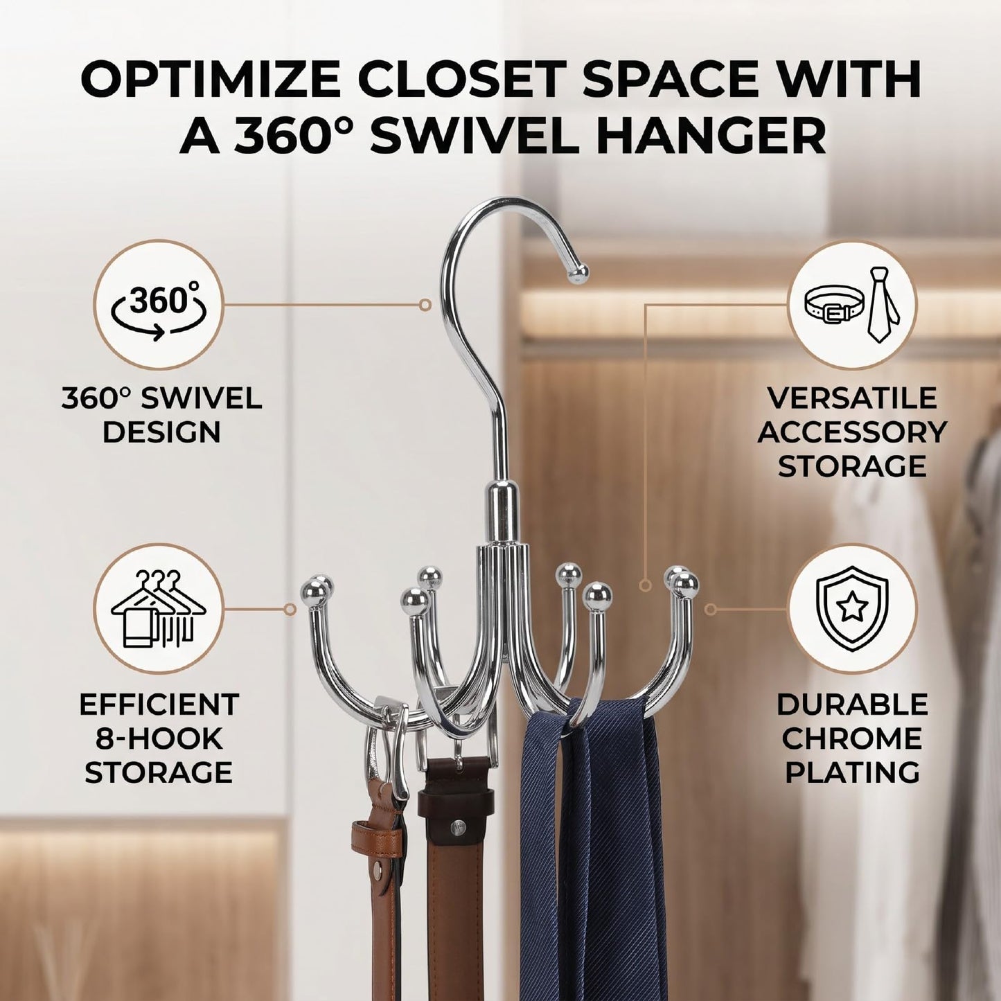 Rotatable Hook 8 Hook Closet Storage Rack