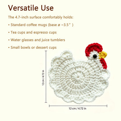 Hand-crocheted hen-themed yarn coaster