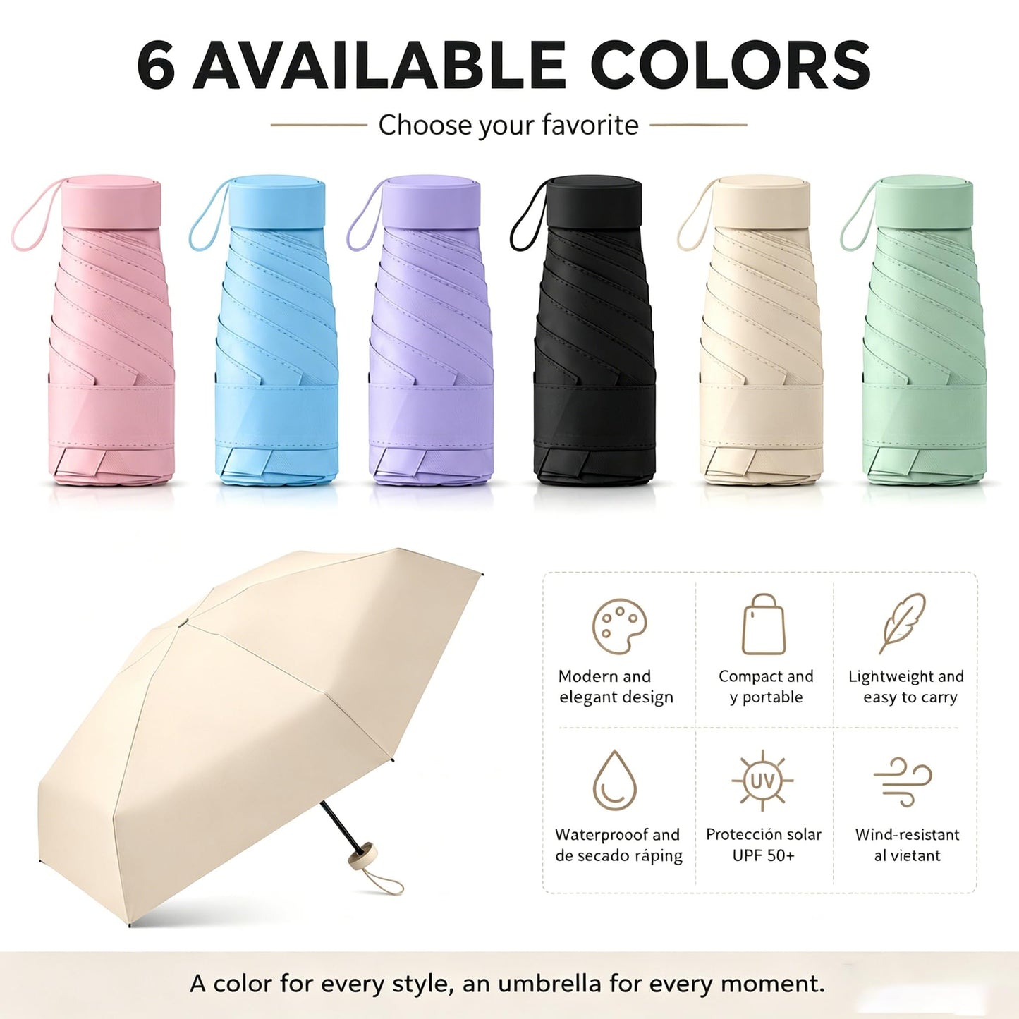 UPF50+ Mini Travel Sun Umbrella for Purse With Case