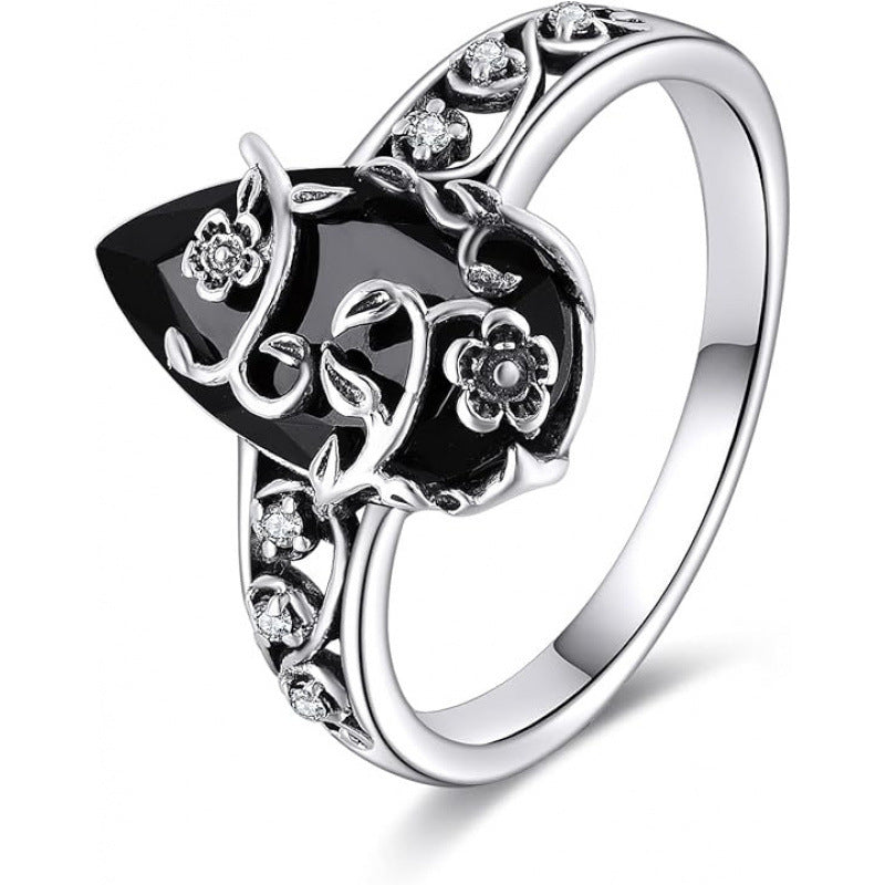Silver-Plated Black Tourmaline-Style Ring - Floral Teardrop Design