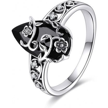 Silver-Plated Black Tourmaline-Style Ring - Floral Teardrop Design