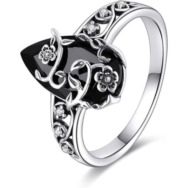 Silver-Plated Black Tourmaline-Style Ring - Floral Teardrop Design