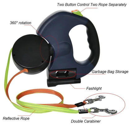 Adjustable Dual Pet Retractable Leash with LED Light