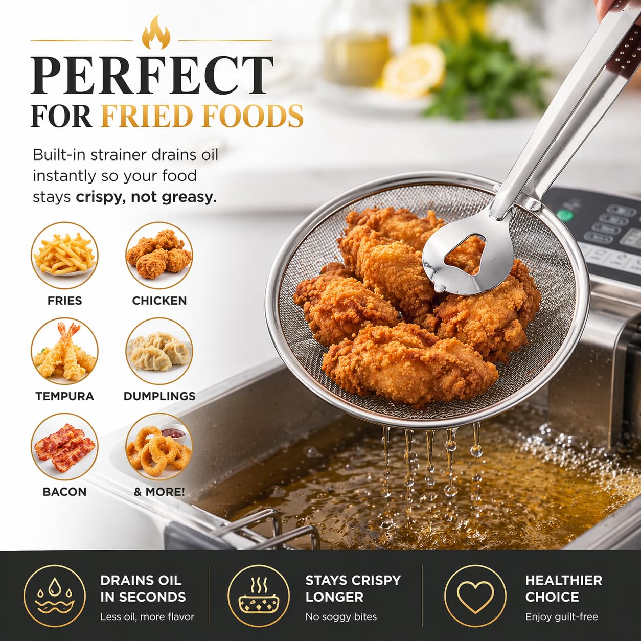 2-in-1 Frying Strainer with Clip Tongs