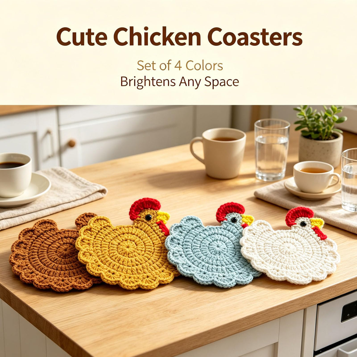 Hand-crocheted hen-themed yarn coaster