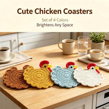 Hand-crocheted hen-themed yarn coaster