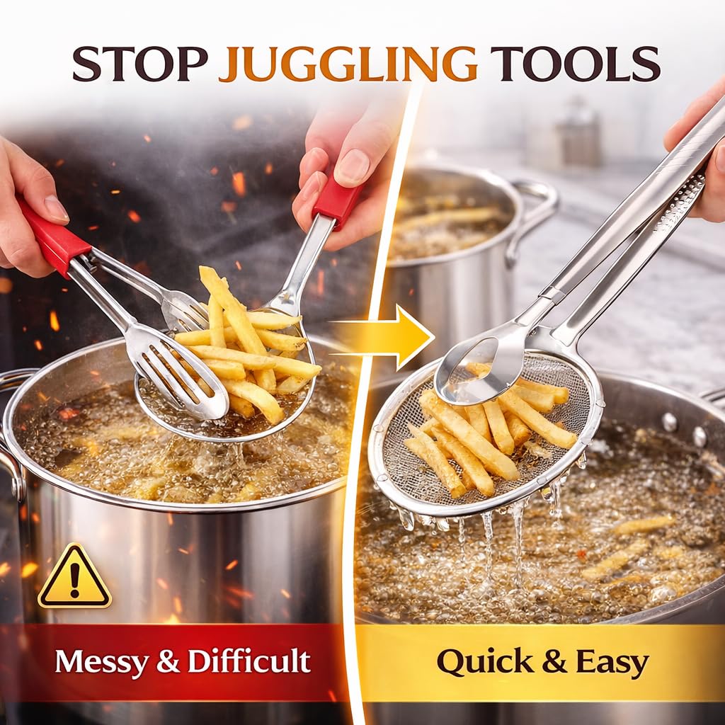 2-in-1 Frying Strainer with Clip Tongs