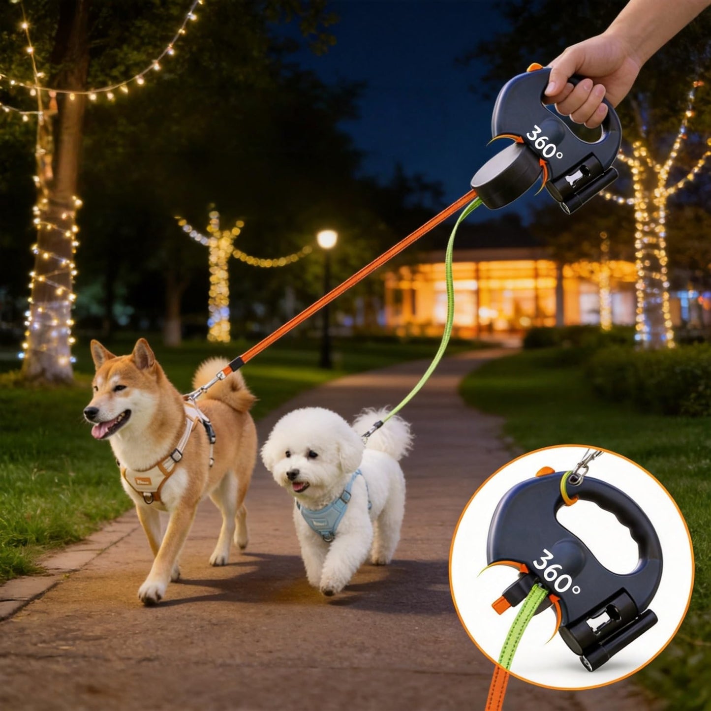 Adjustable Dual Pet Retractable Leash with LED Light