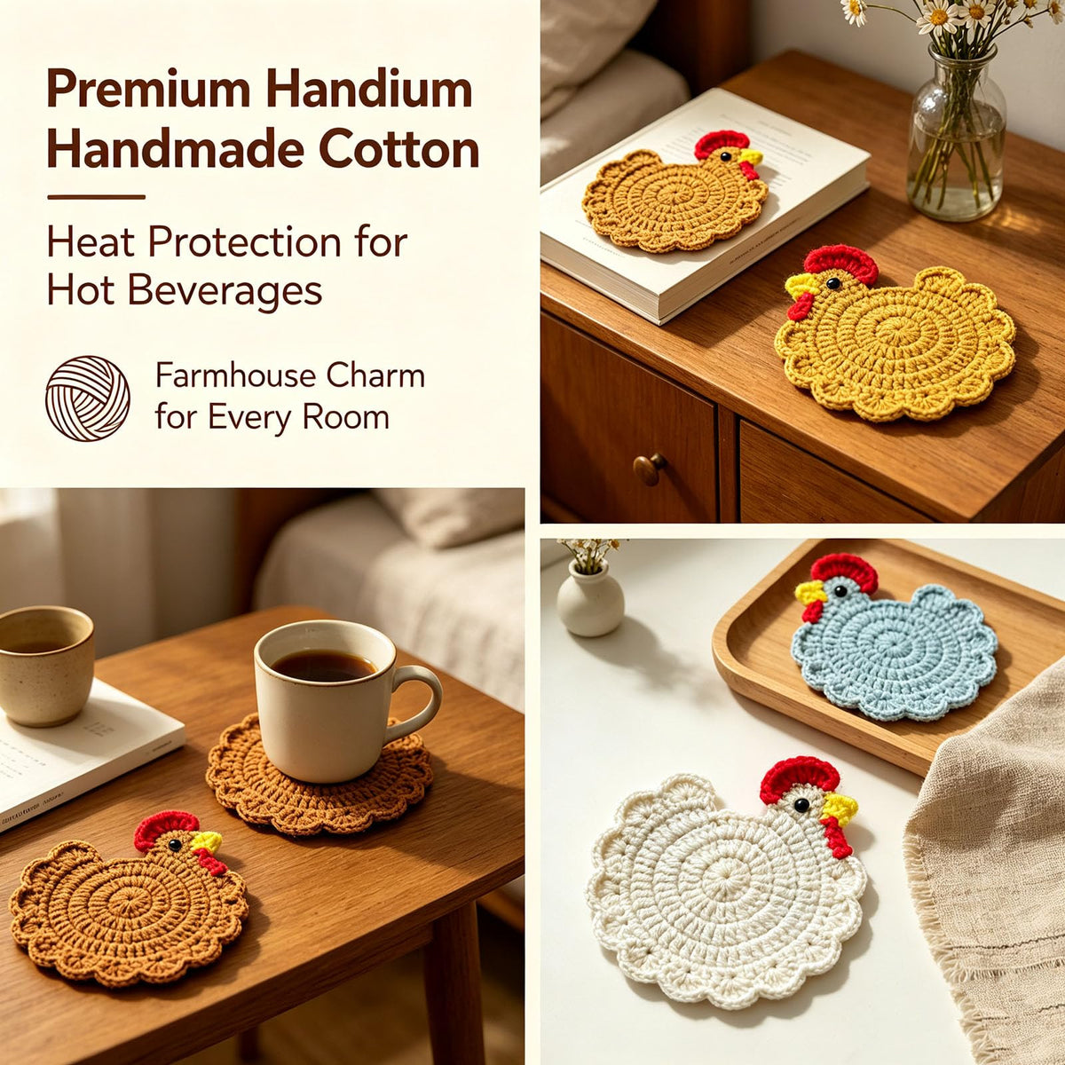 Hand-crocheted hen-themed yarn coaster