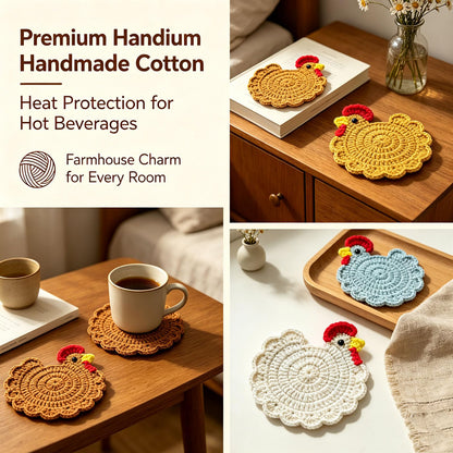 Hand-crocheted hen-themed yarn coaster