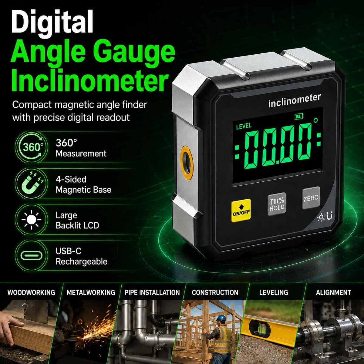 Digital Laser Angle Finder Inclinometer with 4-Sided Magnetic Base