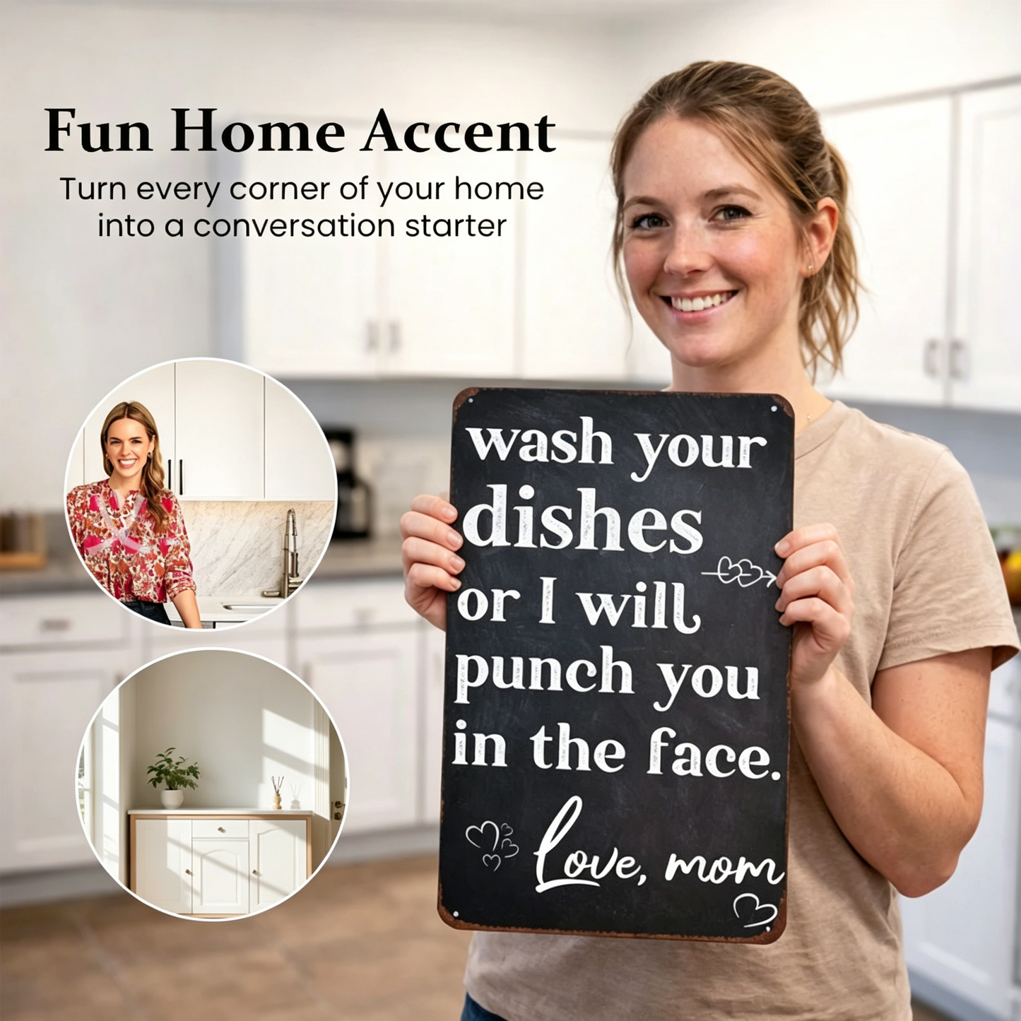 Funny Kitchen Metal Sign"Wash Your Dishes or I Will Punch You in The Face. Love, Mom"