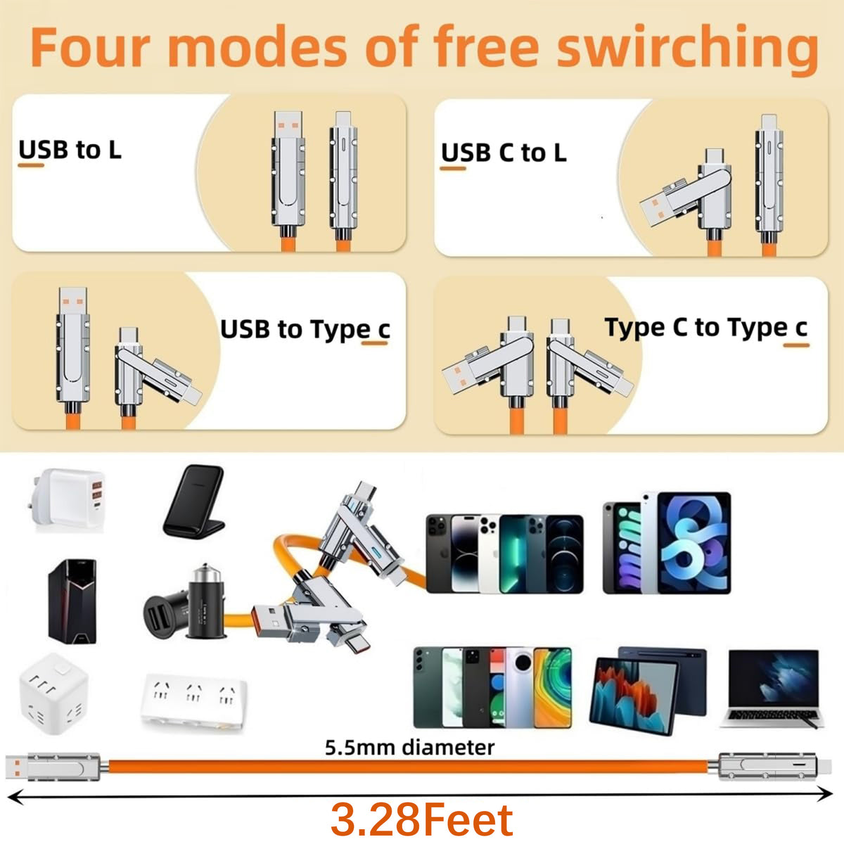 4 in 1 Charging Cable (3.28FT) for Most Devices