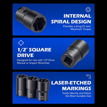 Twist Socket Tool Set, 1/2" Drive 5pc Nut and Bolt Extractor Set, Rounded Bolt & Stripped Lug Nut Remover Tool Kit