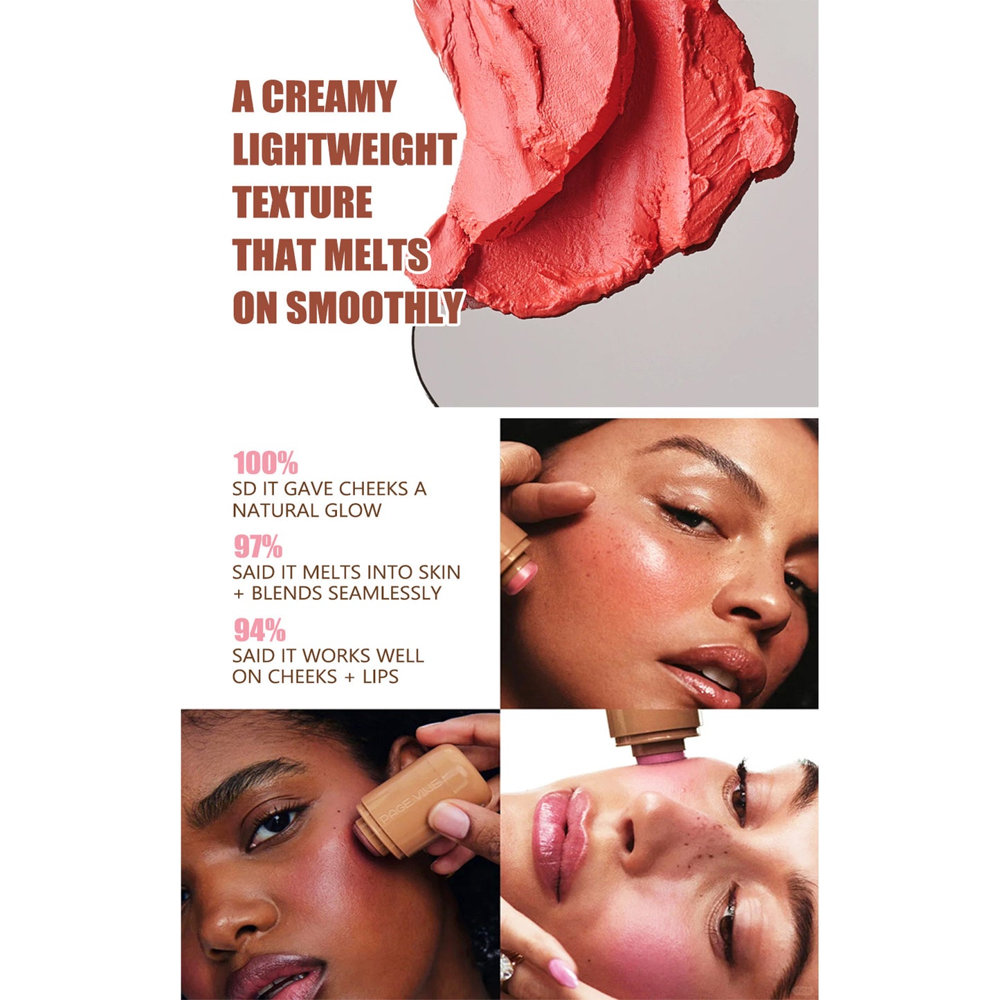 Cream Blush Stick, Dual-Use For Lips And Cheeks, Moisturizing Formula