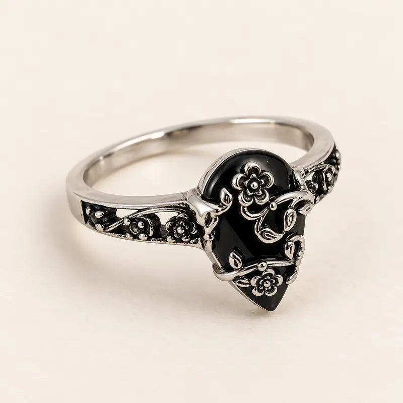 Silver-Plated Black Tourmaline-Style Ring - Floral Teardrop Design