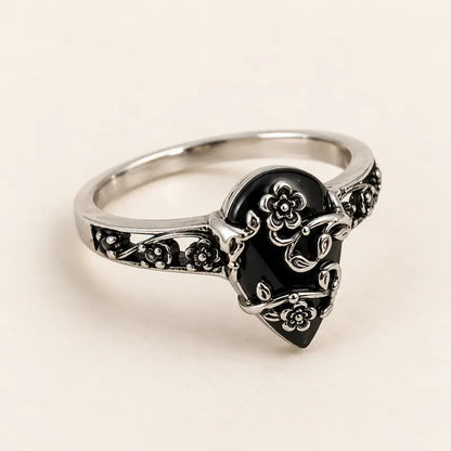 Silver-Plated Black Tourmaline-Style Ring - Floral Teardrop Design
