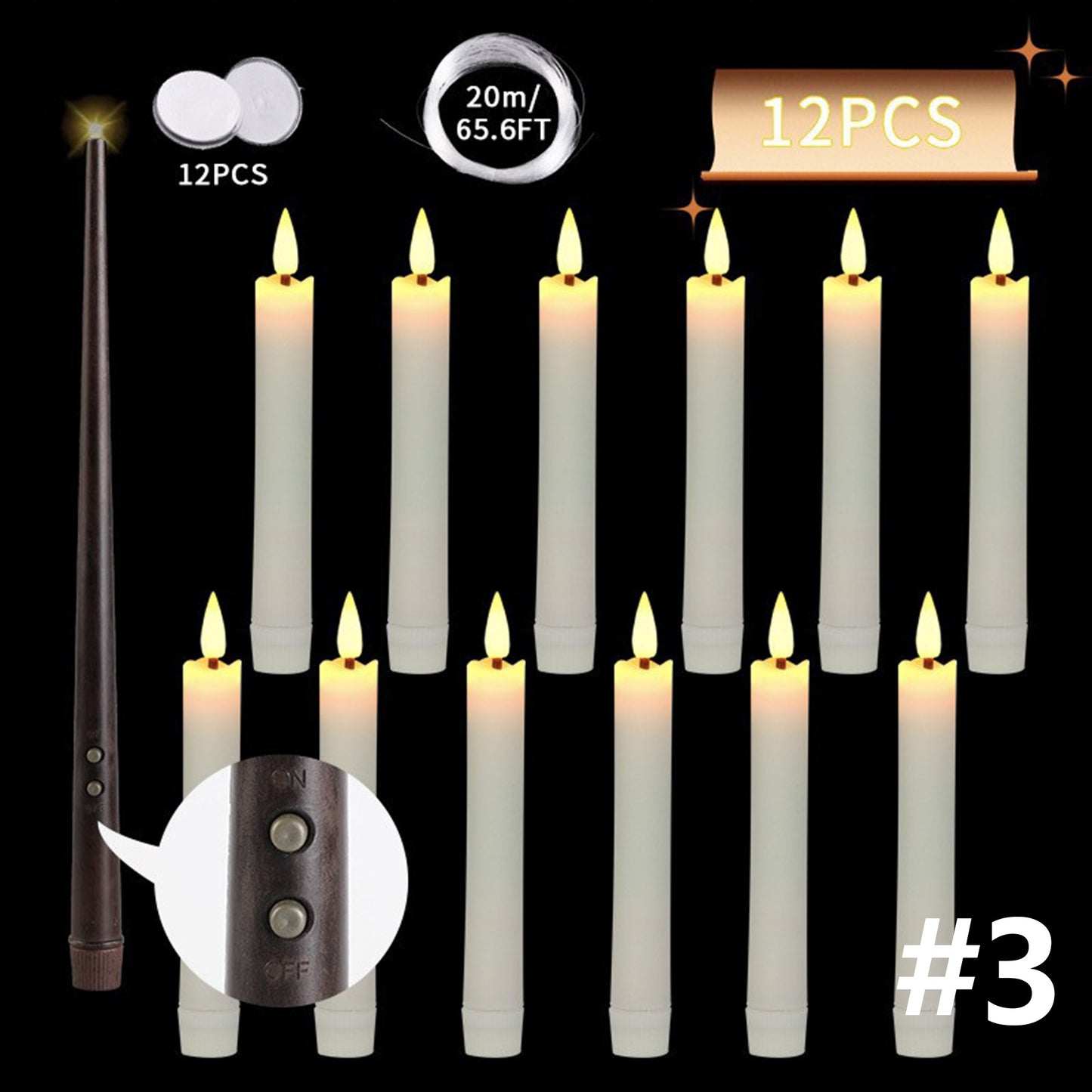 Set of 12 Flameless Taper Candles