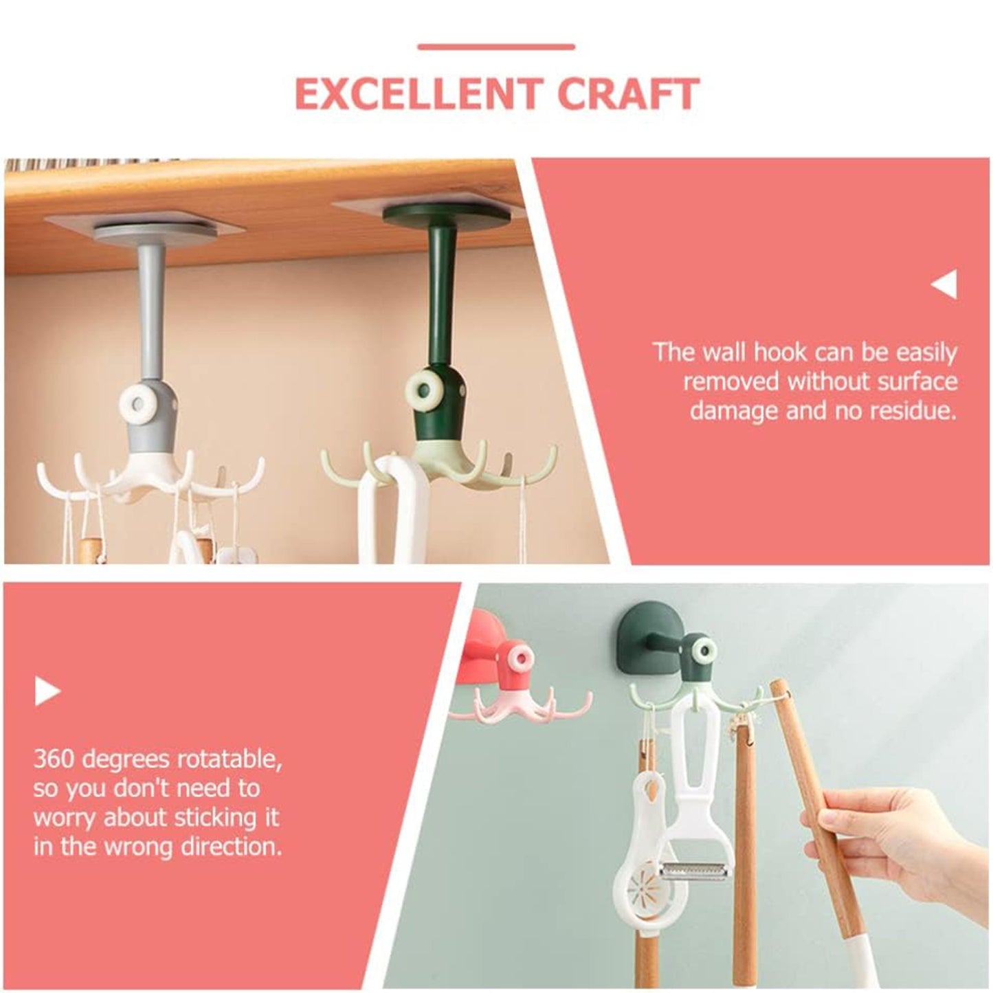 360° Rotating Coat Rack with Hooks – Wall Mounted Kitchen Utensil & Cookware Organizer, No-Drill Storage Hanger