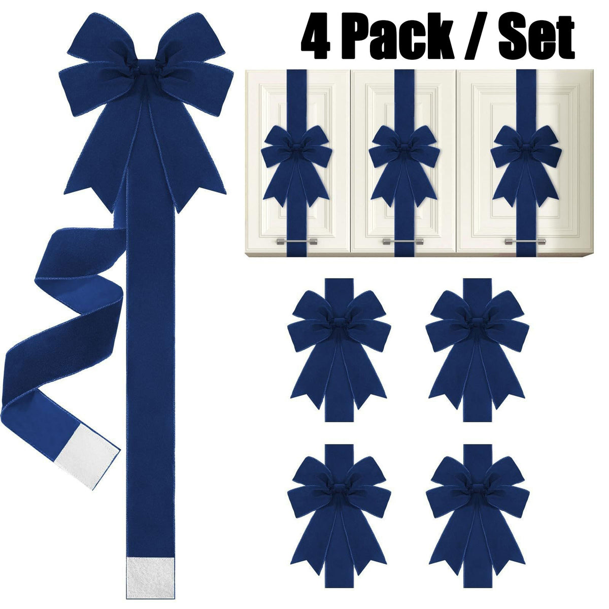 4 Pcs Burgundy Velvet Christmas Cabinet Bows Ribbons