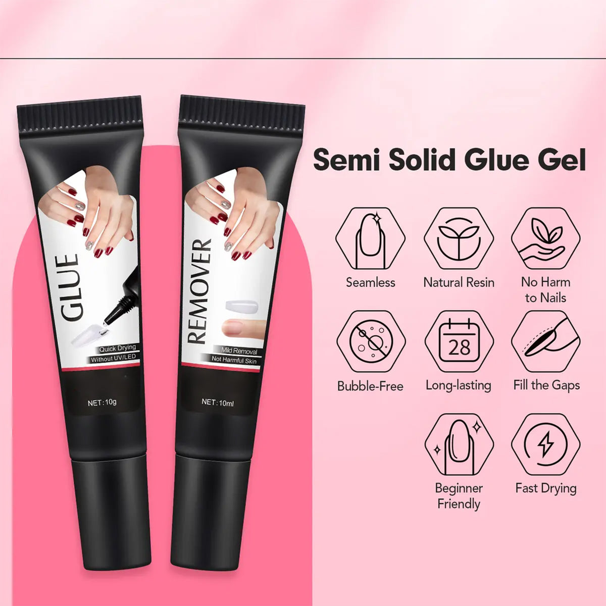 Quick-Drying Semi-Solid Nail Glue with 10ml Remover