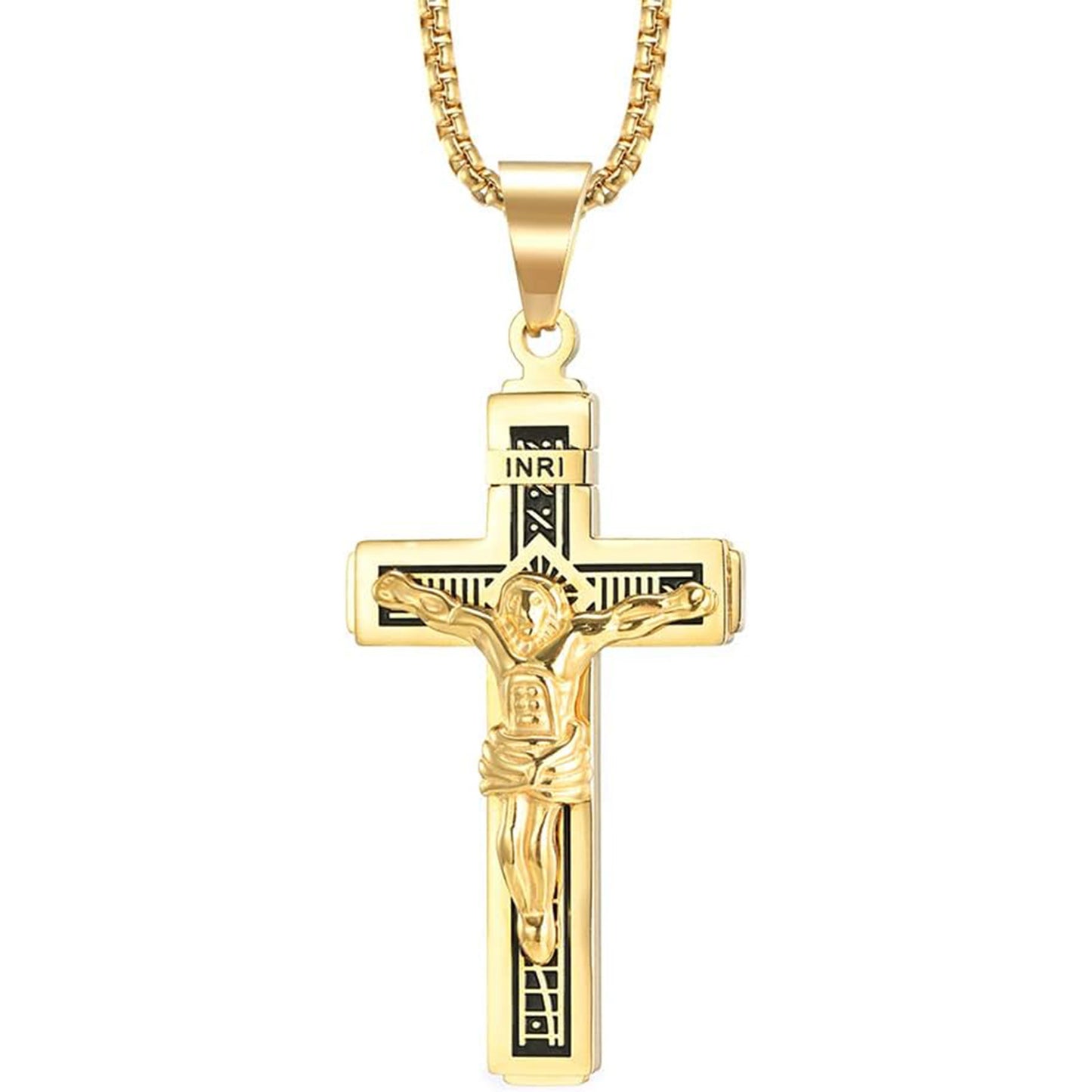 Catholic Jesus Cross Pendant Necklace With Herringbone Chain