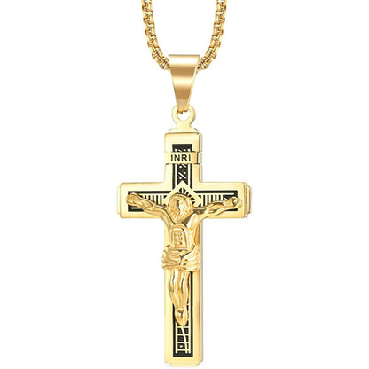 Catholic Jesus Cross Pendant Necklace With Herringbone Chain