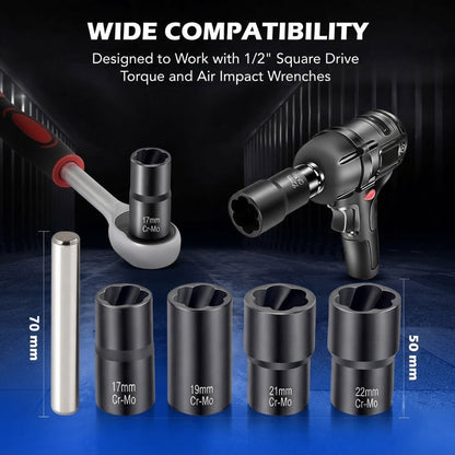 Twist Socket Tool Set, 1/2" Drive 5pc Nut and Bolt Extractor Set, Rounded Bolt & Stripped Lug Nut Remover Tool Kit