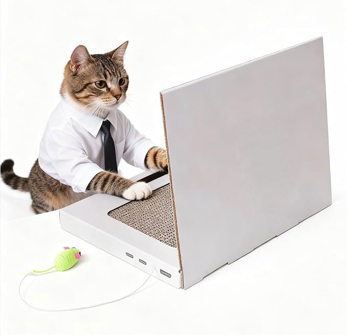 Laptop-Shaped Corrugated Cardboard Cat Scratcher With Ball Track Toy