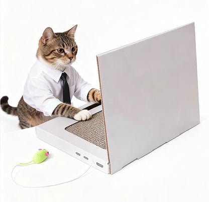 Laptop-Shaped Corrugated Cardboard Cat Scratcher With Ball Track Toy