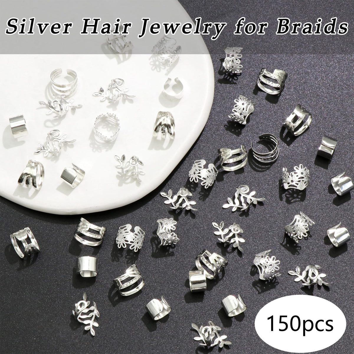Silver Aluminum Dreadlock Cuffs, Adjustable Hair Rings for Braids