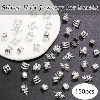 Silver Aluminum Dreadlock Cuffs, Adjustable Hair Rings for Braids