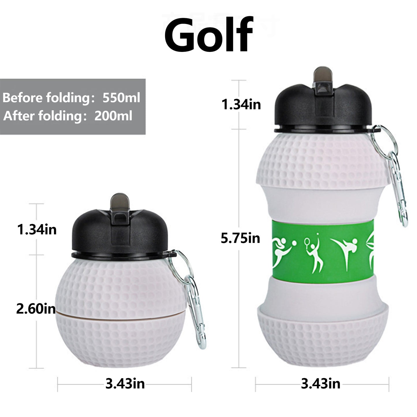 19oz/550ml Soccer Ball Water Bottle Collapsible - Food Grade with Carabiner Clip