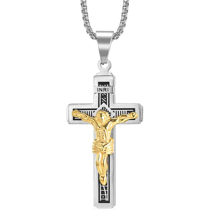 Catholic Jesus Cross Pendant Necklace With Herringbone Chain